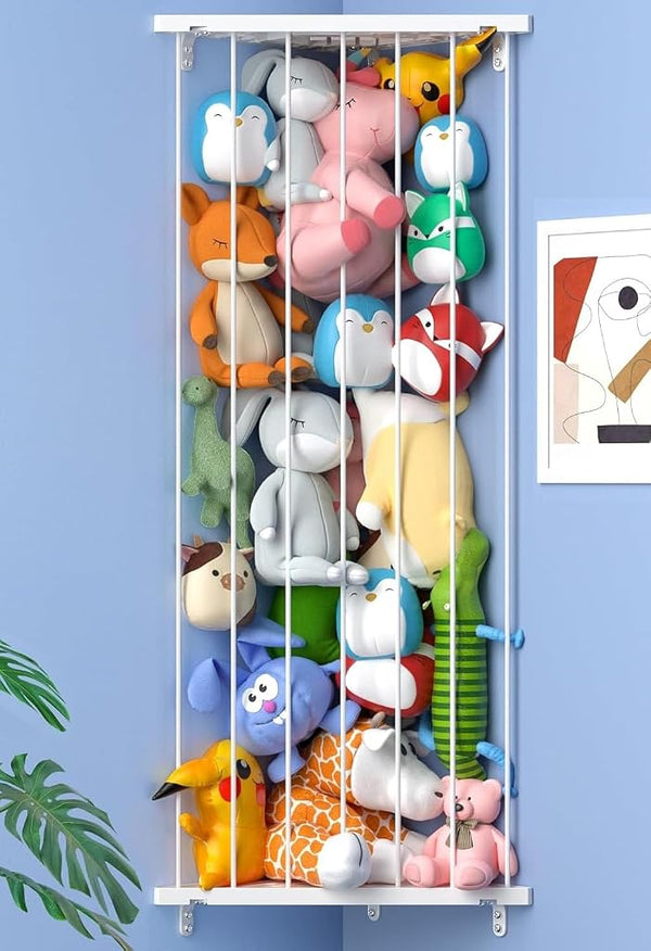 Befayoo Corner Stuffed Animal Storage Toy Organizer - Kids Room Stuffed Animal Holder Length Adjustable Plushie Toys Shelf - Large Corner Plush Toys Storage for Nursery Playroom Bedroom (White)