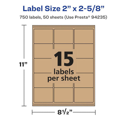 Avery Kraft Brown Rectangle Labels with Sure Feed, 2" x 2-5/8", 750 Kraft Brown Labels, Laser/Inkjet Printable Labels