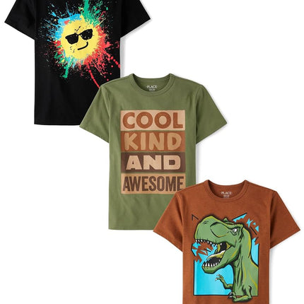 The Children's Place Boys' Dino Short Sleeve Graphic T-Shirts, Multipack, Dino/Cool Kind/Happy, X-Large