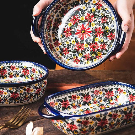 Bicuzat Red Daisy Flower Vintage Style Ceramic Bakeware Casserole Dish Baking Pan Lasagna Pans Baking Dish with Handles for Oven/Cooking/Kitchen-1 PCS, 32 OZ