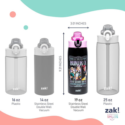 Zak Designs KPop Demon Hunters Sage Kids Water Bottle For School or Travel, 19oz Stainless Steel Water Bottle With Straw and Leak-Proof, Pop-Up Spout Cover, BPA Free (Huntrix Takedown Tour)