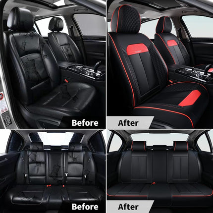 Fundas de asientos delanteros FLORICH, funda de lujo para asientos de coche con cuero impermeable, fundas de asientos de vehículos automotrices para coches, camiones, furgonetas, todoterrenos, sedanes (2 unidades, línea negra y roja)