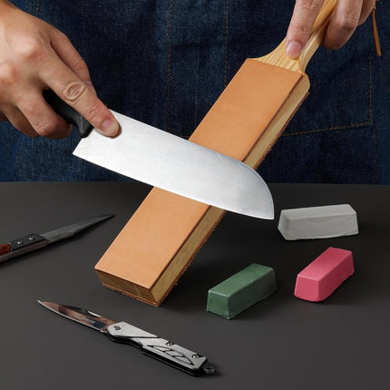 ANGERSTONE Double Side Leather Strop for Knife Sharpening - 14''x 2'' Stropping Block Kit with Polishing Compound, Ergonomic Handle Honing Knives, Woodworking Chisels White,Green