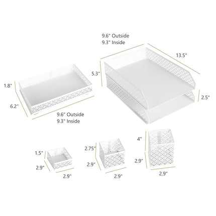 BLU MONACO White Desk Organizer Set for Women – 6-Piece Interlocking Office Supplies Set, Pen Cup, 3 Accessory Trays & 2 Letter Trays, White Paper Tray Holder