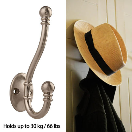HASWARE 6 PCS Double Prong Robe Hook, Large Dual Coat Hooks with 12 Pieces Screws Wall Mounted Hooks Robe Antique Hooks Hangers Heavy Duty for Home Coats Hat Clothes Hanger Towel Keys (Satin Nickel)
