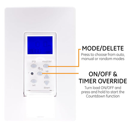 GE SunSmart In-Wall Digital Timer, Automates Indoor and Outdoor Lights, Daily/Weekly Settings, Sunset/Sunrise Presets, ON/OFF Push Button Door, Backlit LCD, White and Lt. Almond Door, 32787