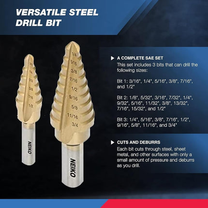 Neiko 3-Piece Titanium Step Drill Bits Set M2 Steel - 28 Sizes, SAE