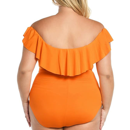 Maillot de bain une pièce à volants épaules dénudées La Blanca Island Goddess pour femme, mandarine, 22 Plus
