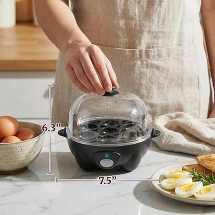 Elite Gourmet EGC-007B# Rapid Egg Cooker, 7 Easy-To-Peel, Hard, Medium, Soft Boiled Eggs, Poacher, Omelet Maker, Auto Shut-Off, Alarm, 16-Recipe Booklet, BPA-Free, Black