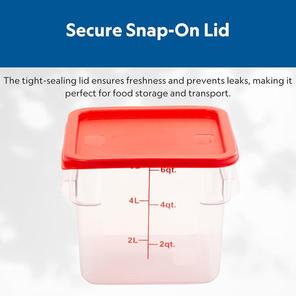 FSE Square Food Storage Container with Red Lid, 6 Quart, Polycarbonate, Reusable, Clear, NSF
