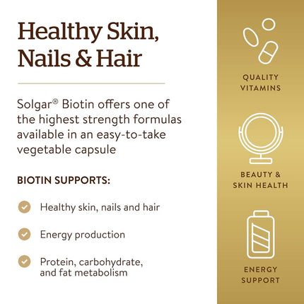Solgar – Biotine 10 000 µg, 120 Gélules Végétales – Soutient la Santé de la Peau, des Ongles et des Cheveux