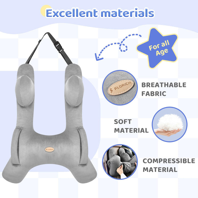 FLORICH Kids Travel Pillow, Car Sleeping Travel Pillow for Kids, Washable H-Shaped Pillow for Adults and Children to Support Head and Body for Road Trips Pillow for Car (Grey)