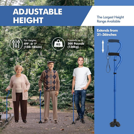 GPTCAMP G1 Walking Stick, Walking Cane for Women & Men with Wrist Strap, Lightweight & Sturdy Offset EVA Handle, Large Quad Base, Self Standing for Seniors and People with Injuries & Recovery
