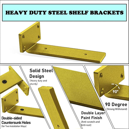 Floating Shelf Brackets Heavy Duty - 1/5 Inch Thick Industrial Gold Metal L Brackets, Premium Solid Steel Shelf Supports for Shelves - 6 Inch Heavy Floating Shelves Hardware (6Pcs)