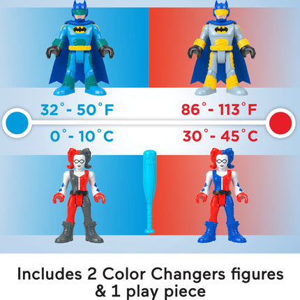 Juguetes Batman DC Super Friends Imaginext de Fisher-Price, Set de figuras que cambian de color, Batman y Harley Quinn para niños en edad preescolar de 3+ años