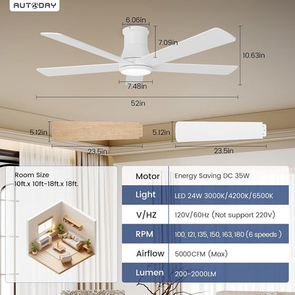 Autoday 52 Inch Ceiling Fans with Lights and Remote - White Ceiling Fan with Light Low Profile, Flush Mount Indoor/Outdoor Ceiling Fans for Patios Bedroom