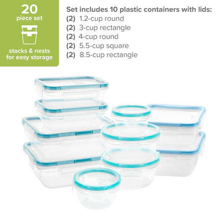 Snapware Total Solution Plastic Food Storage Container 20-Piece Set with Lids – Microwave, Dishwasher and Freezer Safe, BPA-Free Lids for Kitchen Organisation