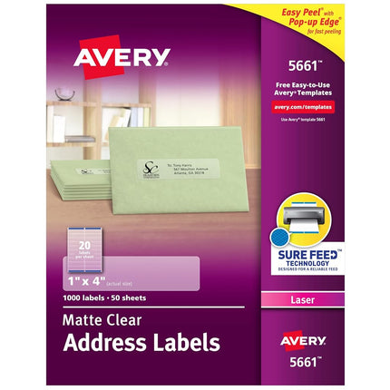 Etiquetas para direcciones AVERY transparentes mate, tecnología Sure Feed, láser, 2.54 cm x 10.16 cm, 1,000 etiquetas (5661)