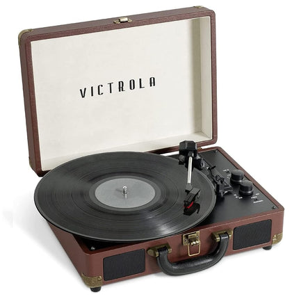 Platine vinyle portable Victrola Journey Bluetooth – avec haut-parleurs intégrés, platine 3 vitesses, sortie RCA, prise casque (marron foncé)