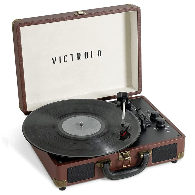 Victrola Journey Bluetooth Portable Suitcase Record Player � with Built-in Speakers, 3 Speed Vinyl Record Player, RCA Out, Headphone Jack (Dark Brown)