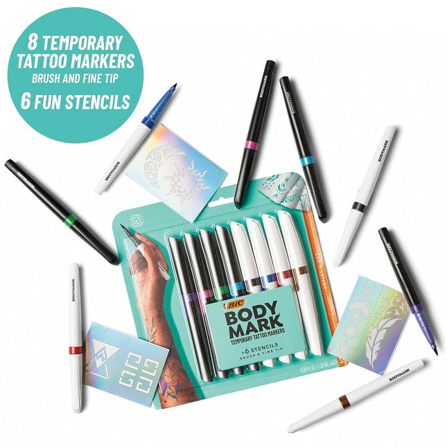 Bic BodyMark Temporary Tattoo Markers for Skin, Artist's Set, Mixed Tip, 8-Count Pack of Assorted Colors, Skin-Safe, Cosmetic Quality
