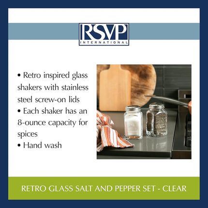 RSVP International Jumbo Retro Glass Salt & Pepper, Screw On Stainless Steel Lid, Each Shaker Holds 8 Ounces, 2.25x2.25x4.3, Clear