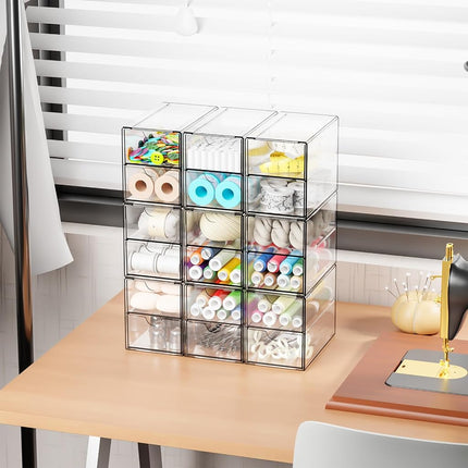 Yieach 9 Pack Small Acrylic Drawers With 18 Drawers,Clear Drawer Organizers Stackable,School,Office Supplies Organizer And Storage Bins for Stationery,Pen,Pencil,Craft,Glasses,Sunglass Organizer Case