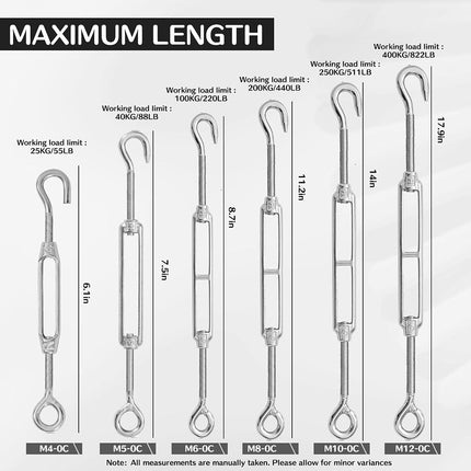 High-PQ Stainless Steel Turnbuckle Tensioner, Heavy Duty Turnbuckles, Hook and Eye Turnbuckle for Cable Tent Installation Sun Shade Gardening Decoration（M8,6PCS）