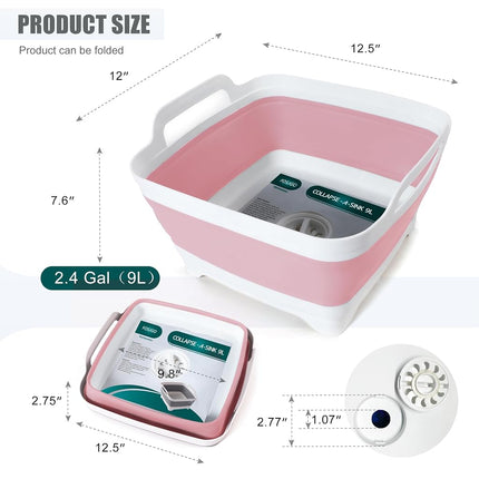 Flow.month Dish Basin Collapsible with Drain Plug Carry Handles for 9 L Capacity, Collapsible Sink Tub, Dish Wash Basin, Portable Dish Tub, Foldable Dishpan for Camping Dish Washing Tub and RV