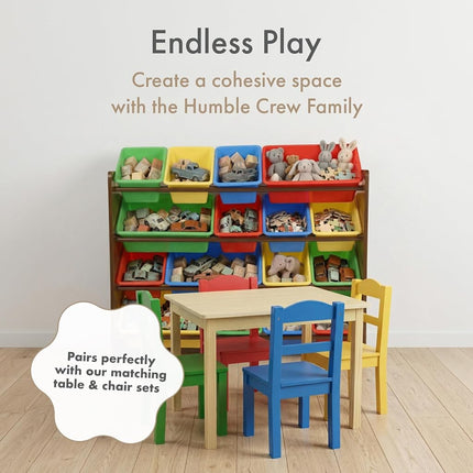 Humble Crew Children's Shelf, Toy Organiser Shelf with 16 Storage Boxes, Dark Wood/Primary