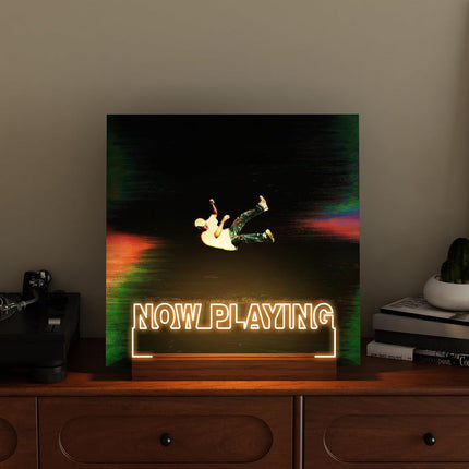 COOLGIFT MART Now Playing Vinyl Record Stand, Light up Record Holder, Wooden Acrylic Display with Warm White Lights for Albums, Room Decor, Perfect Gift for Vinyl Lovers