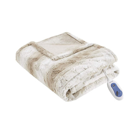 Beautyrest Zuri Reversible Faux Fur to Mink Electric Blanket, Auto Shut Off, Virtually Zero EMF, Multi Heat Setting, UL Certified, Machine Washable, Sand Tip Dye Throw 50x70