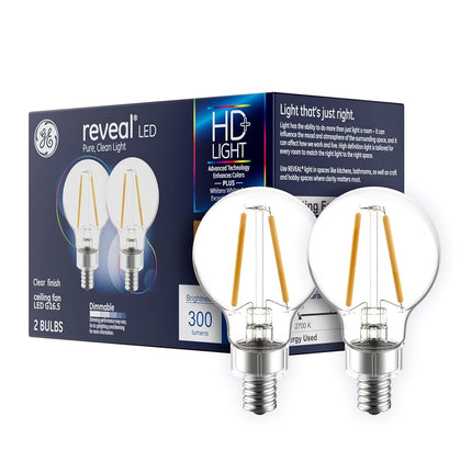 GE Lighting 31914 Clear Finish Light Bulb Reveal HD Dimmable LED Decorative G16.5 Globe 4.5 (40-Watt Replacement), 290-Lumen Candelabra Base, 2-Pack