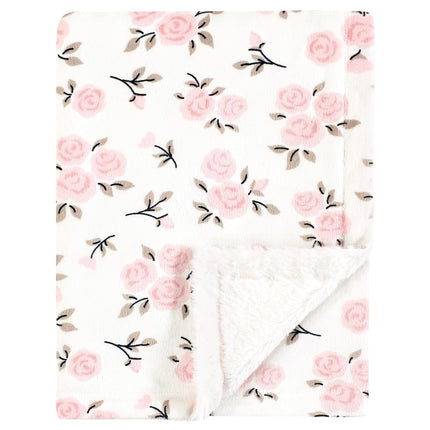 Hudson Baby Infant Girl Plush Blanket with Furry Binding and Back, Neutral Pink Floral, One Size