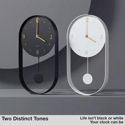 Driini Modern Pendulum Wall Clock - Decorative and Unique Metal Frame, with 8 Inch Face - Contemporary, Minimalist Design, with Silent Battery Operation - Includes Both Black and Gold Pendelum