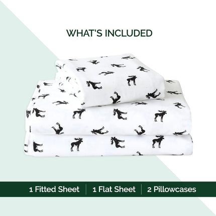 Elegant Comfort Ultra Soft 4-Piece 100% Turkish Cotton Flannel Sheet Set - Holiday Christmas Flannel Sheets, Warm and Cozy Anti-Pill Premium Quality, Deep Pocket Fitted Sheet- Twin, Black Elk