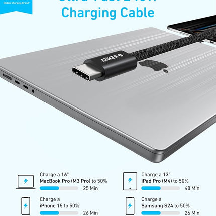 Anker Zolo USB C to USB C Cable, Braided and Dirt-Free Type-C Fast Charging Cable, Slim Connector, for iPhone 16 Series, MacBook (240W) (Black, 6FT)