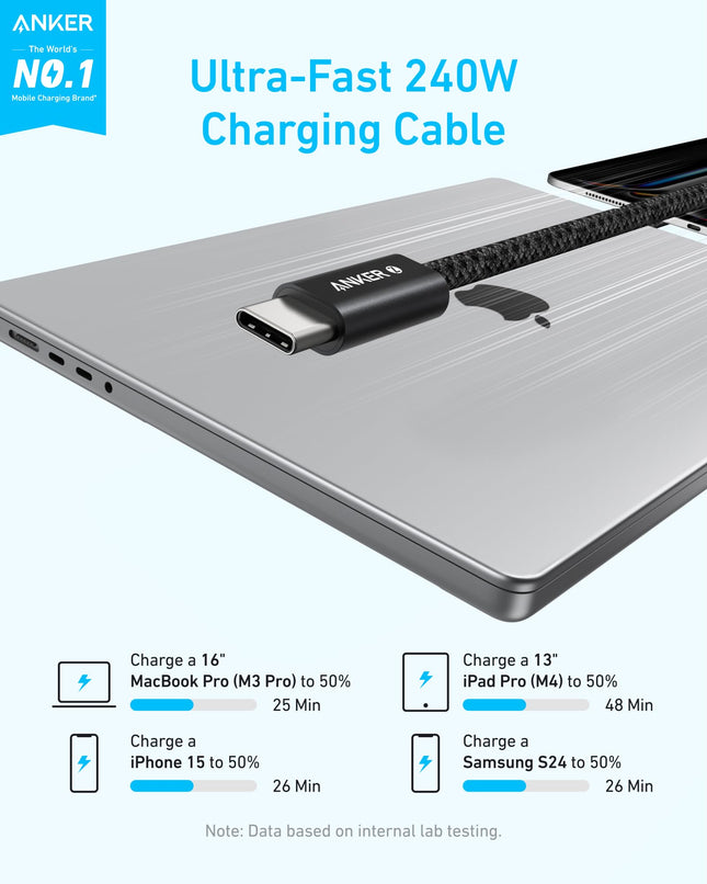 Câble Anker Zolo USB C vers USB C, câble de charge rapide tressé et anti-salissure de type C, connecteur fin, pour iPhone série 16, MacBook (240W) (Noir, 1,8 m)