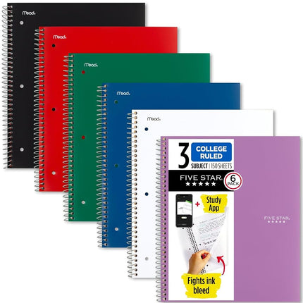 Five Star Spiral Notebooks + Study App, 6 Pack, 3-
