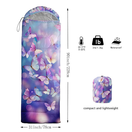 QOOMO Color Butterfly Waterproof Sleeping Bags for Adults & Kids,Printed Camping Sleeping Bags, 3 Season Warm & Cool Weather,Lightweight,Traveling,and Outdoors,Camping Gear Equipment,31x90inch