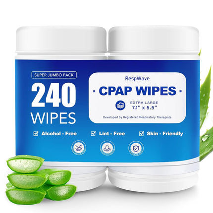 RespWave Cpap Mask Wipes, 240 Count(2-120 Canisters) Residue-Free Cpap Cleaning Wipes with Aloe Vera, 3-5 Month Supply for Daily CPAP Machine and Supplies Care (Travel-Friendly)
