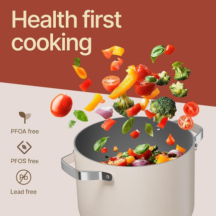 Cream 5 Quart Aluminum Stock Pot with Lid, Nonstick Ceramic Coated Boiling Pot, PTFE & PFAS Free, Oven Safe to 500�F, Riveted Stainless Steel Handles, Tempered Glass Lid, All Stove Compatible
