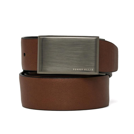 Perry Ellis Men's Portfolio Patterned Plaque 100% Leather Reversible Belt (Sizes 30-44 Inches), Black/Brown Reversible, 38
