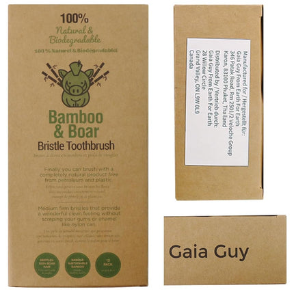 Natural Bristle Bamboo Toothbrush with Boar Bristles - Totally Biodegradable and Compostable - No Nylon Toothbrushes - Zero Waste 12-Pack