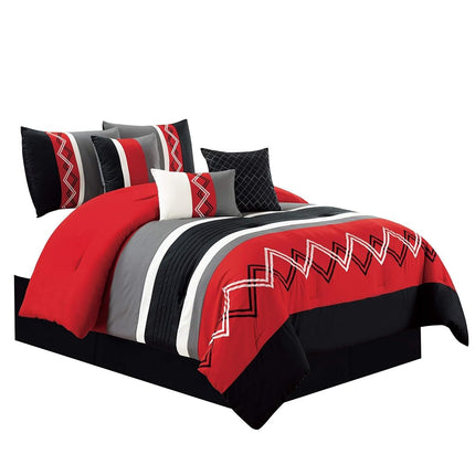 Chezmoi Collection Arden 7-Piece Modern Pleated Stripe Embroidered Zigzag Bedding Comforter Set (Full, Red/Black/Gray/Off-White)