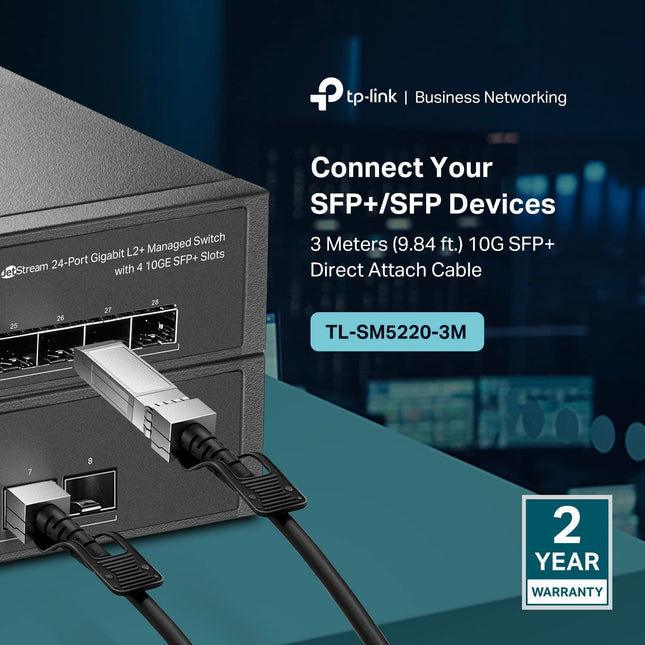 Câble SFP+ Direct Attach (DAC) TP-Link 3 mètres, 10 pieds 10G (TL-SM5220-3M) - Câble Twinax Passif, Connecteur SFP+ vers SFP+ 10GBASE-CU, Plug and Play, Interface LC Duplex