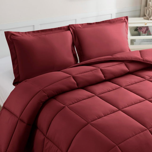 Elegant Comfort 3-Piece Box Stitched Down Alternative Comforter with Shams - Ultra Soft for All Season Duvet Insert with Corner Tabs, Plush Cozy 3PC Comforter Set, Oversize Queen, Burgundy