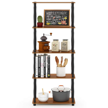 Furinno TURN-S-TUBE Storage Shelves, 5-Tier Book Shelf, Corner Shelf, Toolless Open Shelves, Classic Tubes, for Organization and Storage, Living Room, Garage, Home Office, Light Cherry