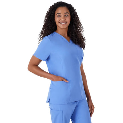 Hanes Women's Scrubs Healthcare Top, Moisture-Wicking Stretch Scrub Shirts, Ribbed Back Panel, Ceil Blue 2, XX-Large