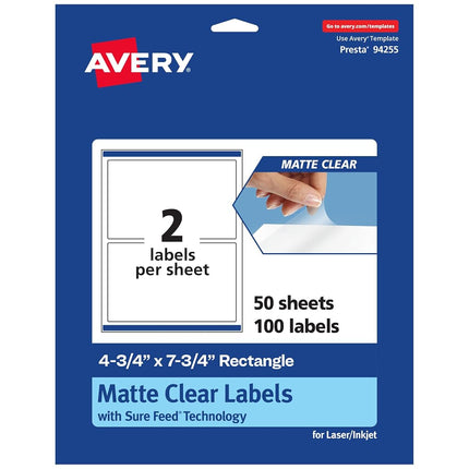 Etiquetas rectangulares transparentes mate Avery, tecnología Sure Feed, 4.75" x 7.75", 100 etiquetas transparentes mate, imprimibles hasta el borde, aptas para impresoras láser/de inyección de tinta